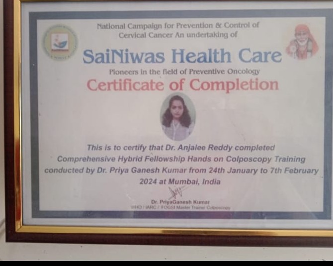 Colposcopy Fellowship Certificate of Dr. Anjjalee Reddy