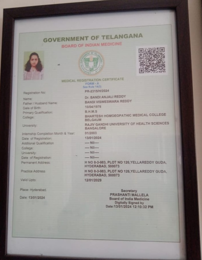 Telangana Medical Registration Certificate of Dr. Anjjalee Reddy